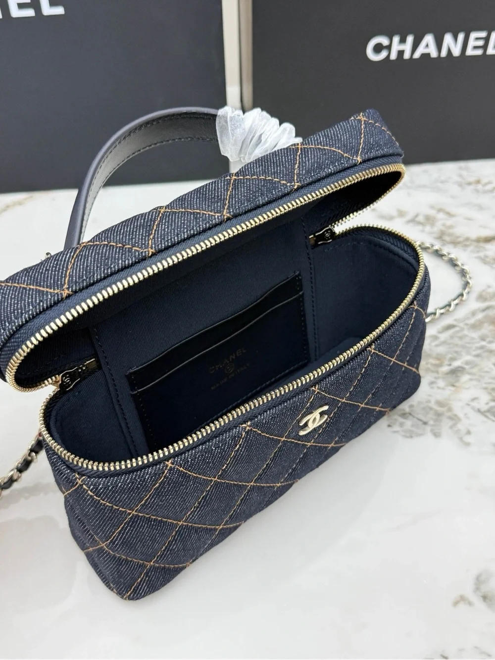CHANEL Navy Quilted Denim Vanity Crossbody with Gold Hardware